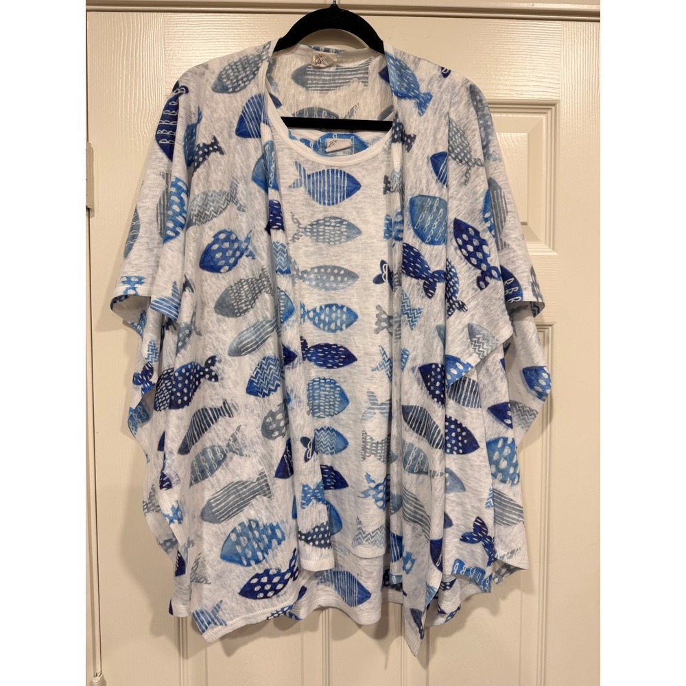 #B13 ET LOIS Tank Top and Kimono shawl Set Medium White Blue Fish Print 2pc - Picture 1 of 11